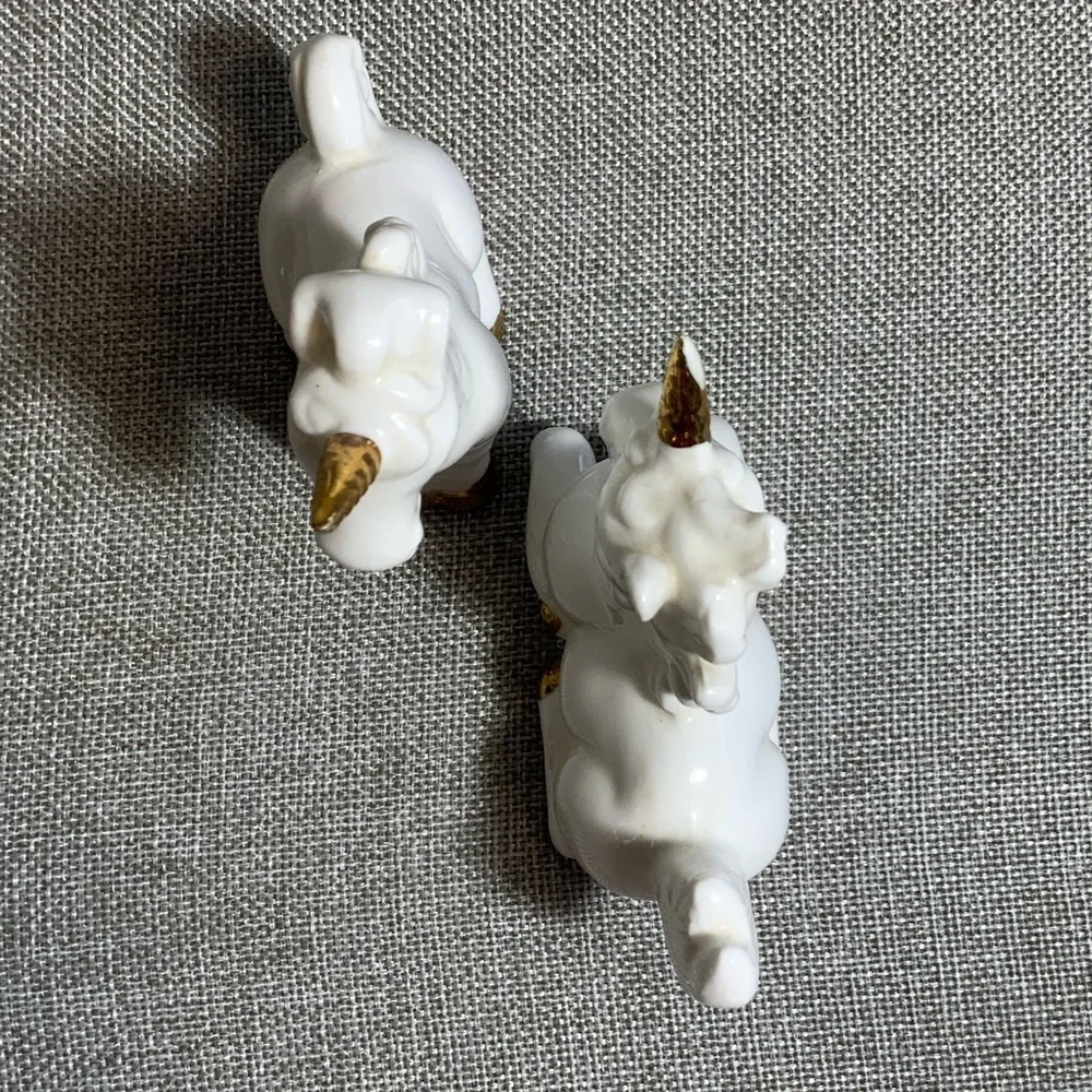 Porcelain unicorn figurine pair – vintage bone china Japan white & gold decor